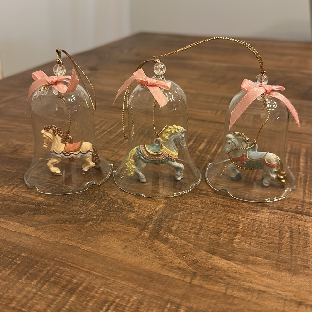 Hand Painted Set of 3 Vintage Porcelain Bisque Crystal Carrousel Bells Ornament